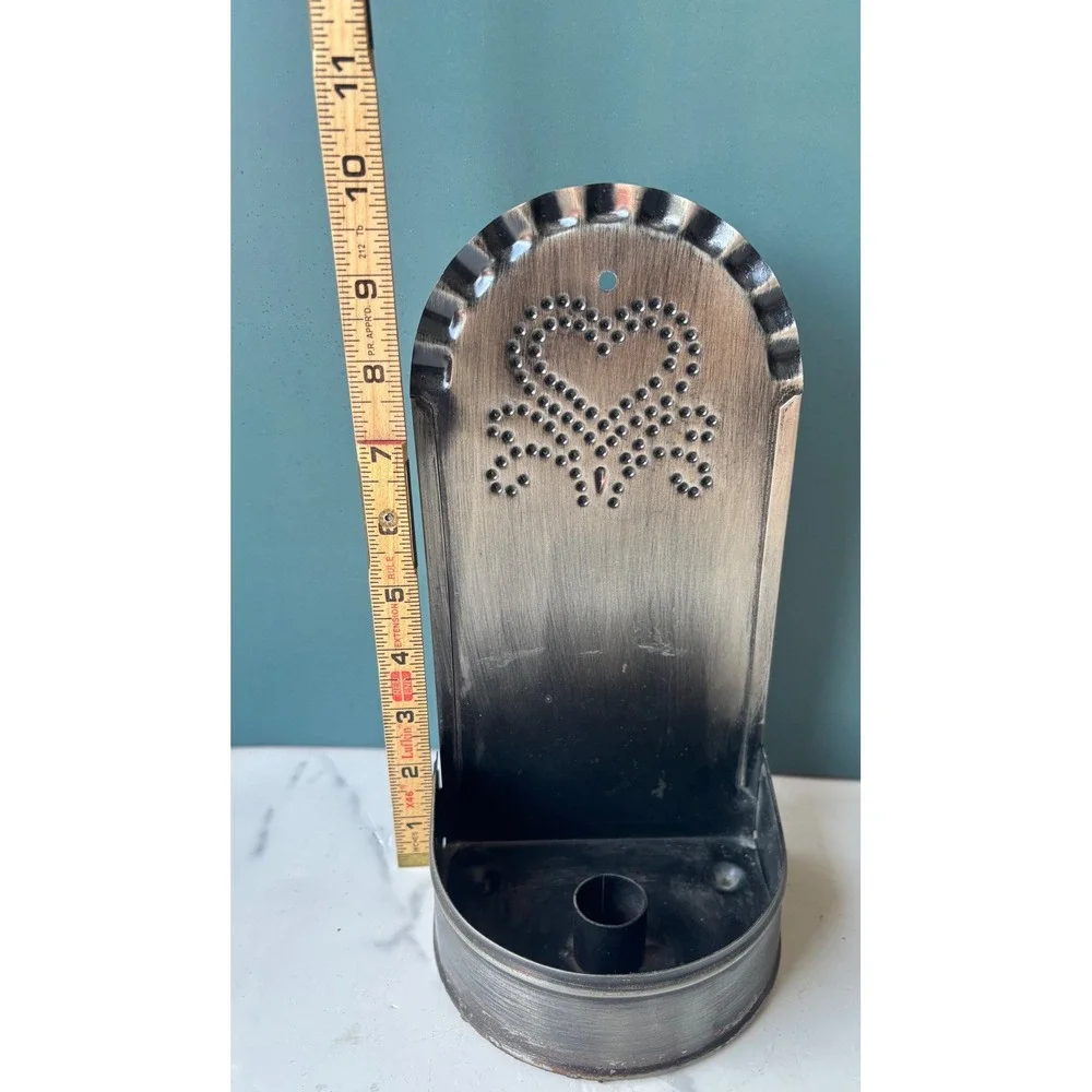 Vintage Punched Tin Wall Sconce Heart Taper Candle Holder Primitive Farmhouse